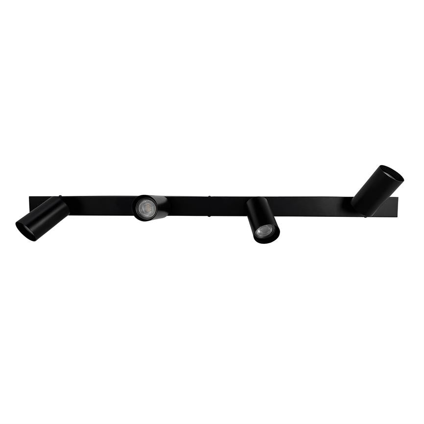 Black spot rail with four adjustable spot lights, each angled in different directions, mounted on a long rectangular rail against a uniform white background.