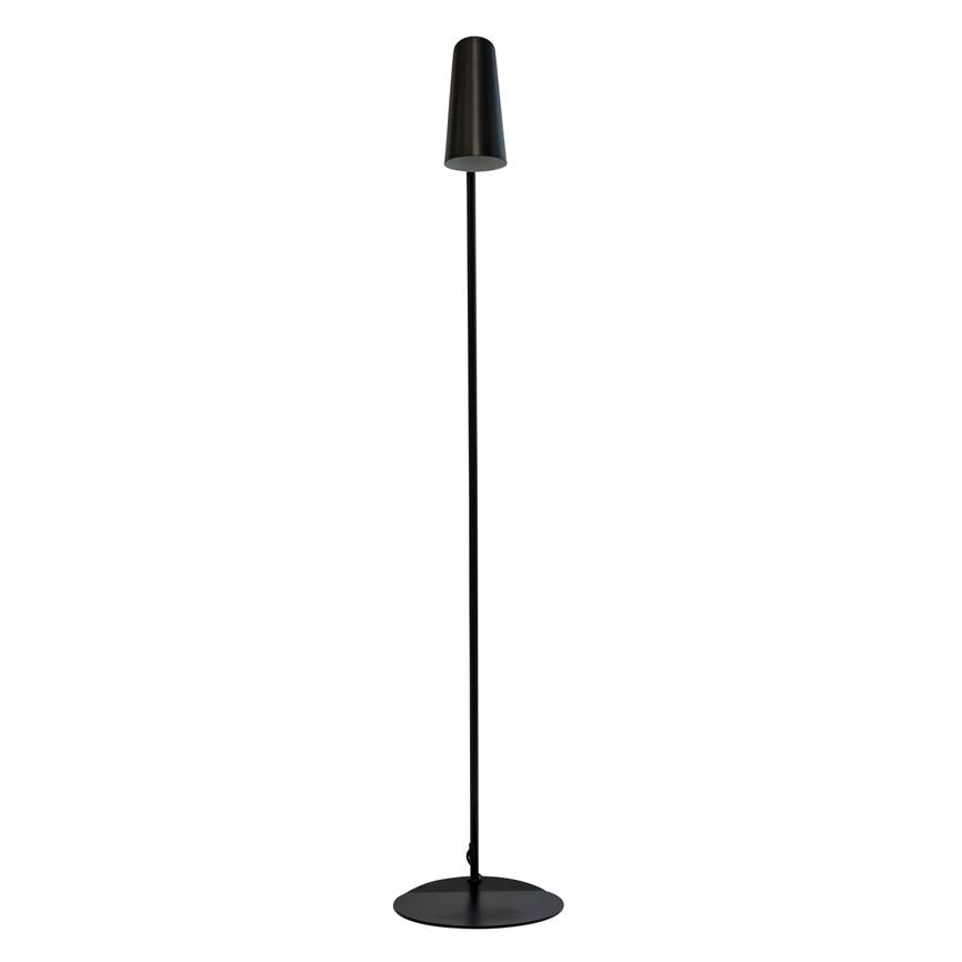 A slim, black floor lamp with a conical shade and round base stands vertically on a white background, with a thin, straight rod connecting the shade and base.