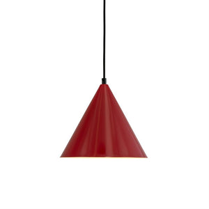 Red, cone-shaped pendant lamp hangs from a black cord, the light opening points downwards over a clean, white background.