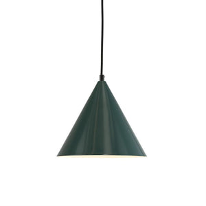 A dark green, conical metal pendant hangs from a black cord and casts light downwards; its inner surface is white, surrounded by a neutral white background.