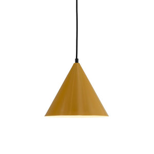 Yellow cone-shaped pendant lamp hangs by a black cord above a uniform white background, with an open base suggesting downward light.