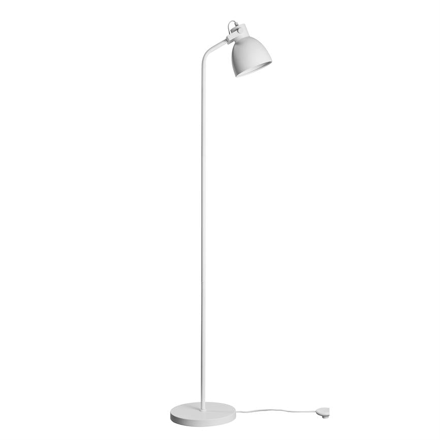 Floor lamp stands upright with downwards shade; slim shaft, round foot and visible cable with contact on a uniform white background.