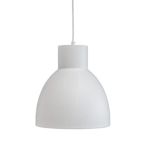 A white pendant lamp hangs from a thin cord; round dome with cylindrical top, simple matte finish in front of a neutral, all-white background.