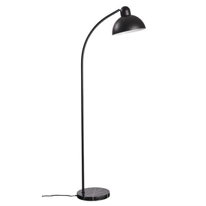 Black floor lamp with curved shaft and hemispherical lampshade, the lampshade points downwards; marble base and exposed cord; placed against a uniform white background.