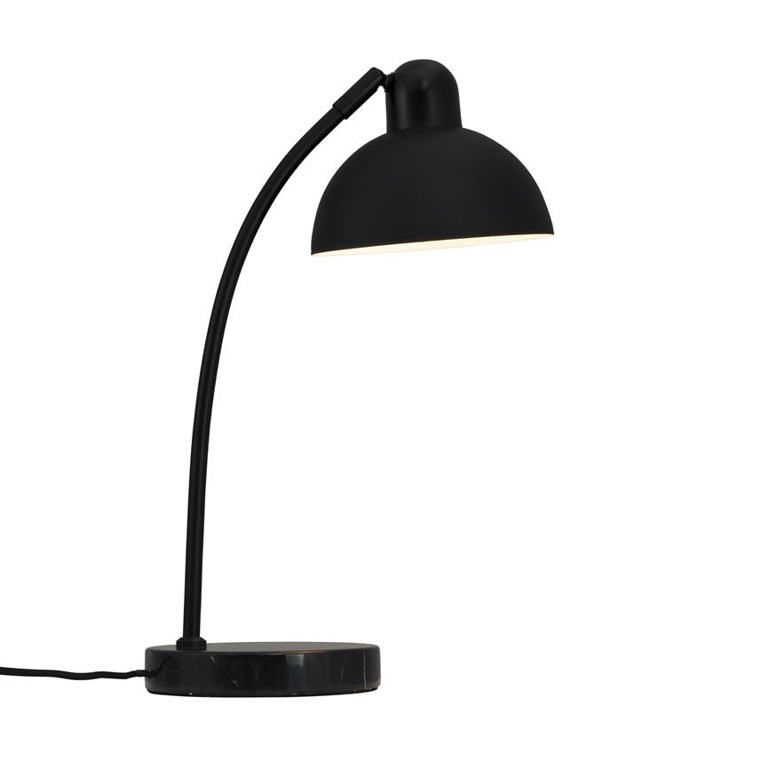 Black desk lamp: curved neck and hemispherical shade, lights downwards; stands on a round, dark marble base against a uniform white background.