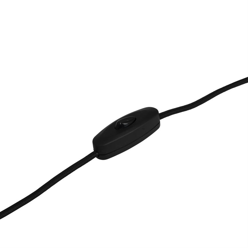 Black inline cable switch is mounted on a black cloth-covered cable, with a small rocker switch in the middle; simple and isolated against a pure white background.