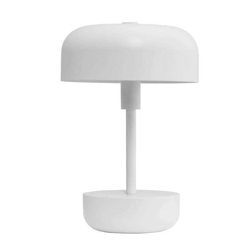 White table lamp stands on a round base; a vertical bar connects the base to a hemispherical screen. Simple, minimalistic design against a plain white background.