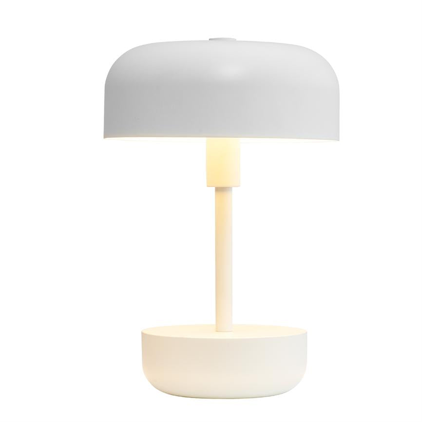 A white, minimalist table lamp with a round shade and bowl-shaped base radiates soft, warm light, set against a neutral white background.
