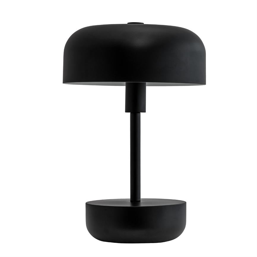 Black table lamp with round, dome-shaped shade; stands slim on a thin central pole above a round base on solid white background, minimalist modern design.