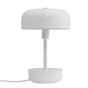 White round table lamp stands on a simple round base; a thin column supports a hemispherical screen, depicted against a uniform white background with visible wiring.