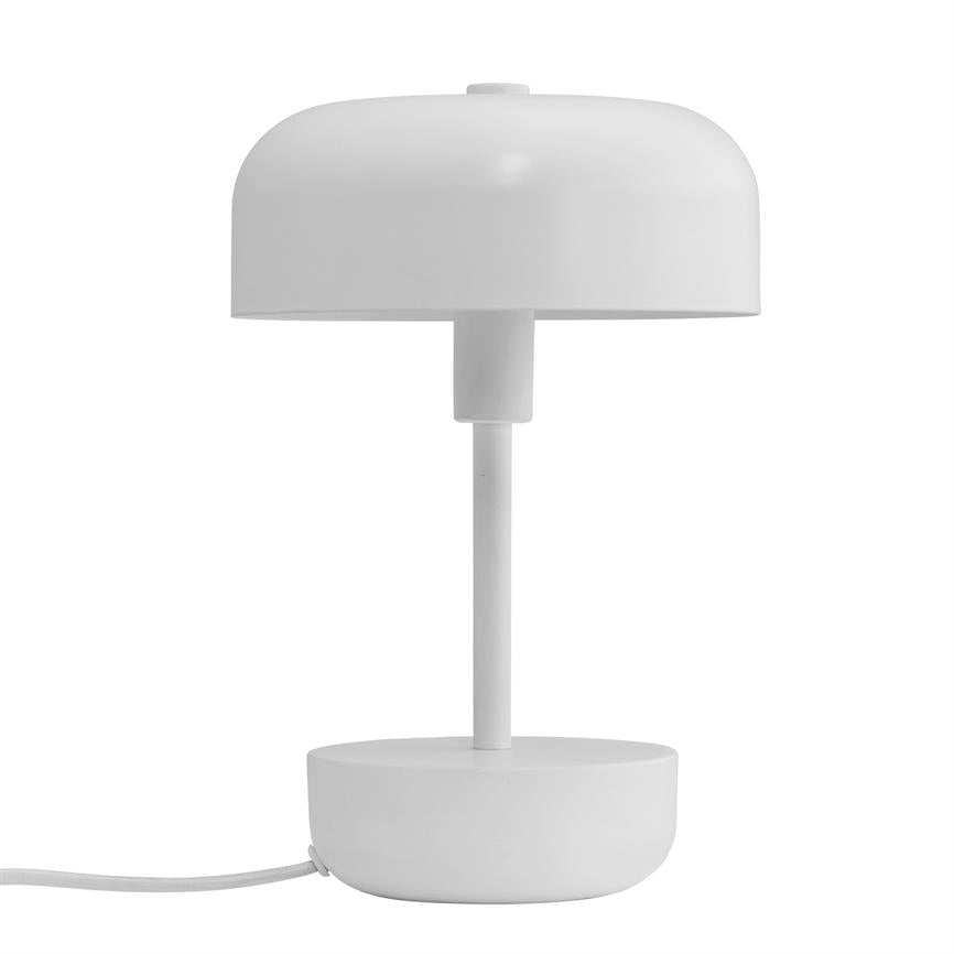 White round table lamp stands on a simple round base; a thin column supports a hemispherical screen, depicted against a uniform white background with visible wiring.