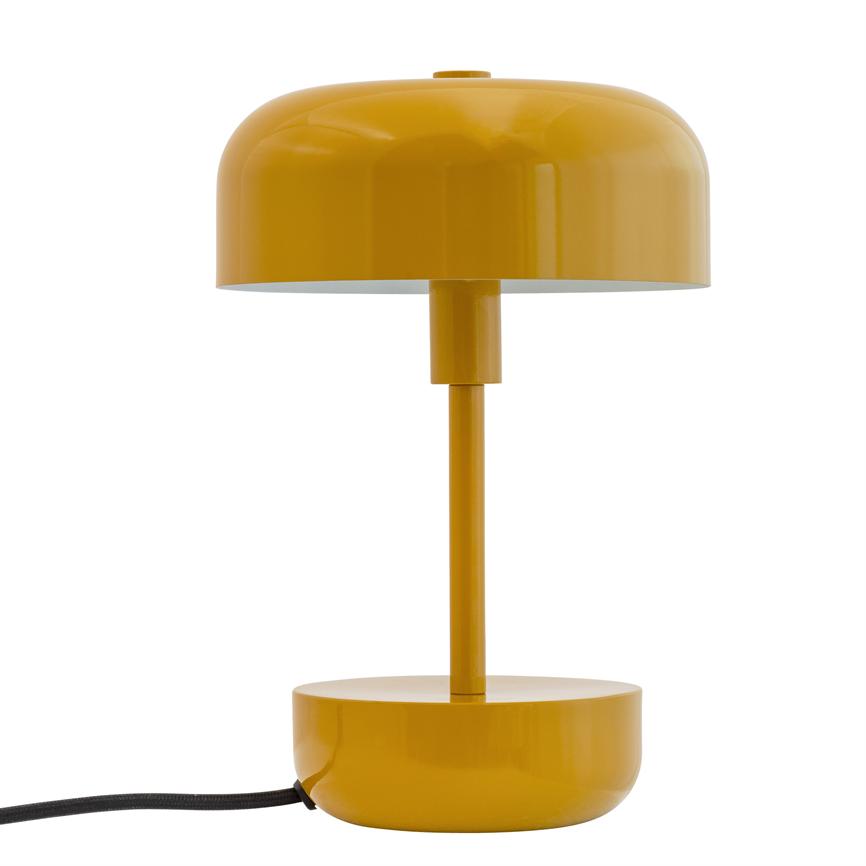 Yellow table lamp with round dome shade, thin center rod and round base; stands against a white background with a black power cord running from the left side.