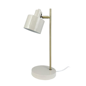 White table lamp with round base and vertical brass rod; an adjustable, tilted white screen points downwards, set against a white background with visible white wire.