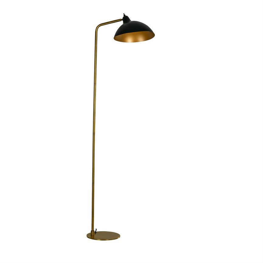 Floor lamp with thin golden rod (object), has a black, hemispherical shade with a golden inside, angled downwards (action), placed alone against a pure white background (context).