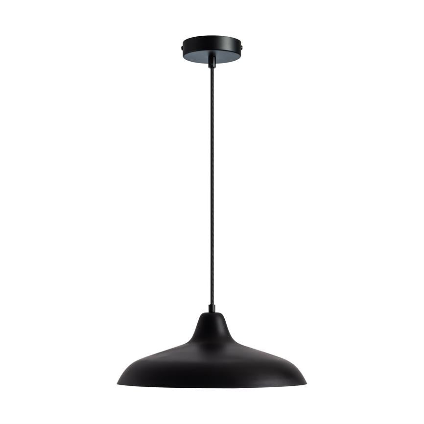 Black metal pendant hangs by a black textile cord from a round ceiling bracket, with a wide, curved shade pointing downwards against a clean, white and minimalist background.
