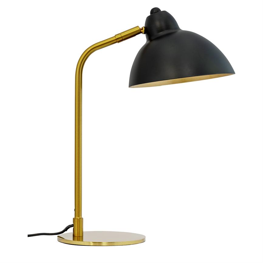 A table lamp with a black, hemispherical shade and brass-coloured shaft; the screen slopes downwards over a round bottom, isolated on white background.