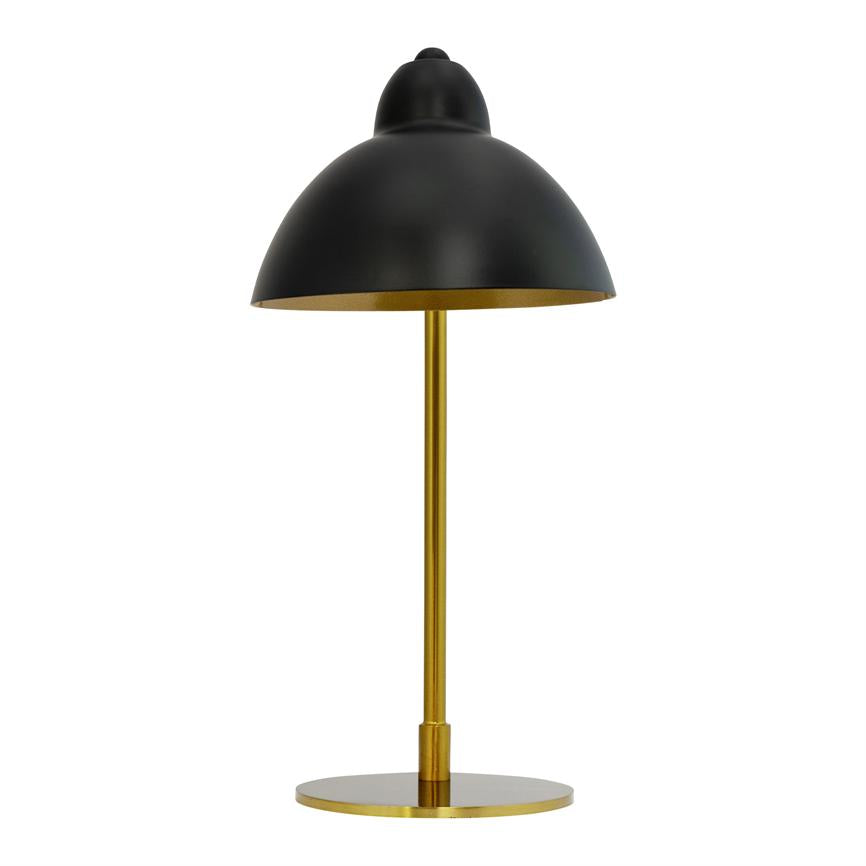 Black table lamp with dome-shaped shade stands on a slender gold-coloured rod and round base against a uniform white background.