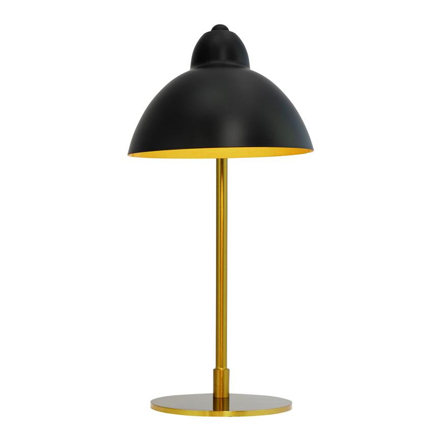 Black table lamp with hemispherical shade stands on a slender golden rod and round base; screen facing down, golden inside, white background.
