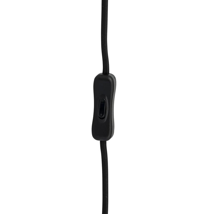 Black in-line rocker switch sits on a fabric-wrapped cable and hangs vertically in front of a white background.