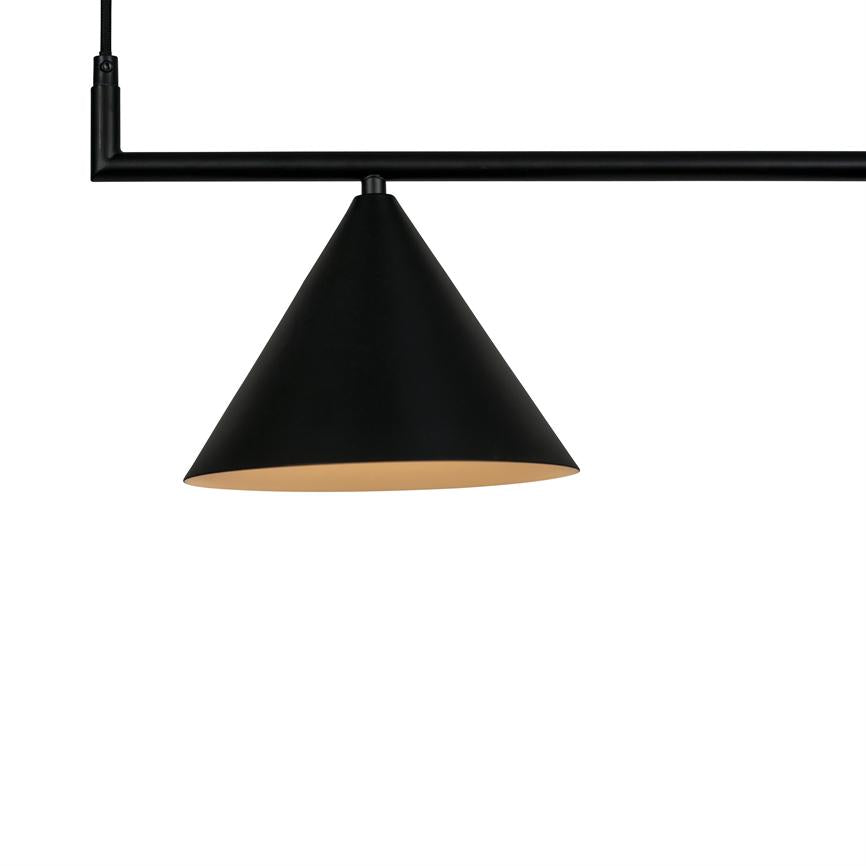 Black conical pendant lamp hangs from a horizontal black metal rod; the inside of the lamp is warm beige. Minimal, modern suspension against a white, neutral background.