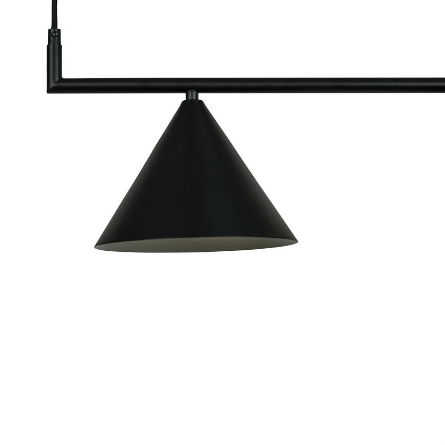 Black conical pendant lamp hangs from a horizontal metal rod; the opening of the lamp faces downwards; mounted on a thin cloth-covered wire against a uniform white background.