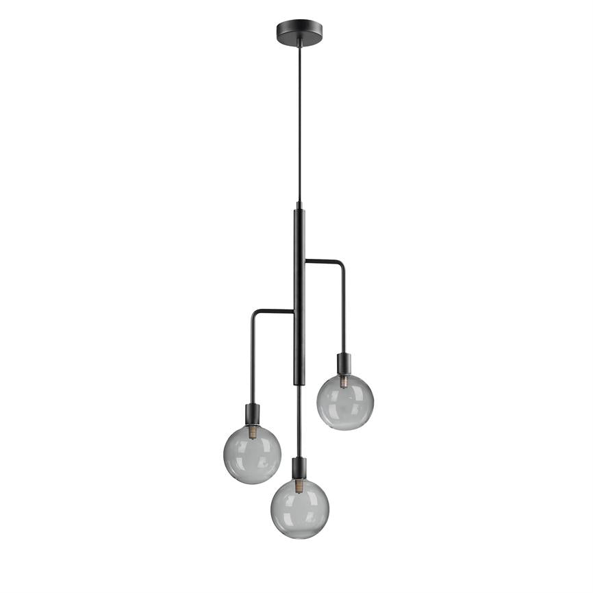 Black pendant lamp hangs from a round ceiling bracket; three pipe arms carry smoky glass globes at varying heights, all shown against a uniform white background.