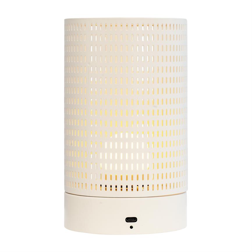 Cylindrical lamp radiates warm light through perforated screen, placed on a short stand with USB-C port and small LED, against a white background.
