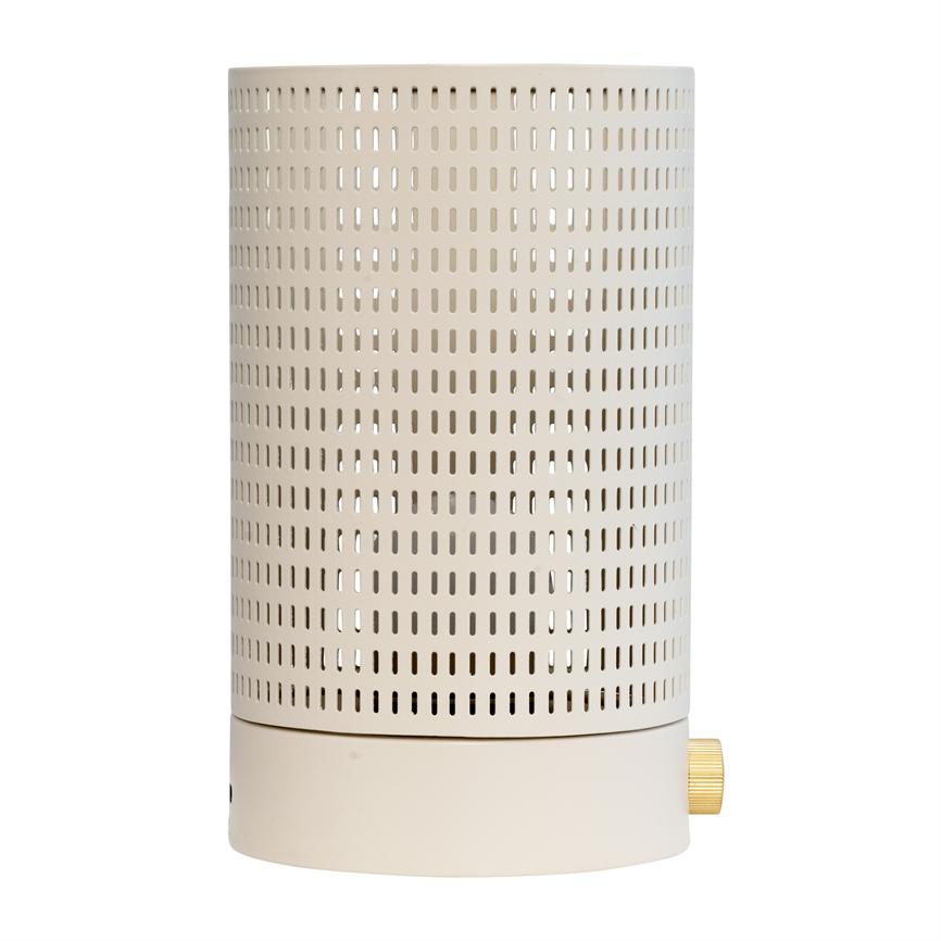 Cylindrical cream-colored unit standing upright, its perforated surface showing repeated oblong holes; a small gold colored dial sits at the bottom right on a clean white background.