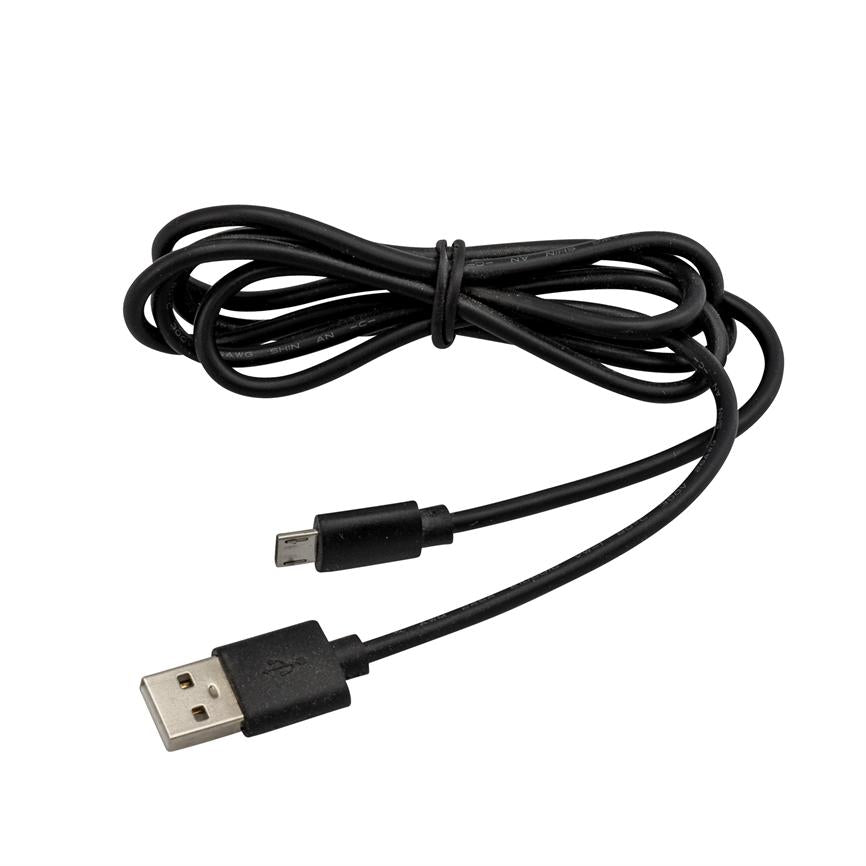 A black USB-A to micro-USB cable lies loosely rolled up with both connectors visible, USB-A in the foreground and micro-USB in the background on a white, neutral background.