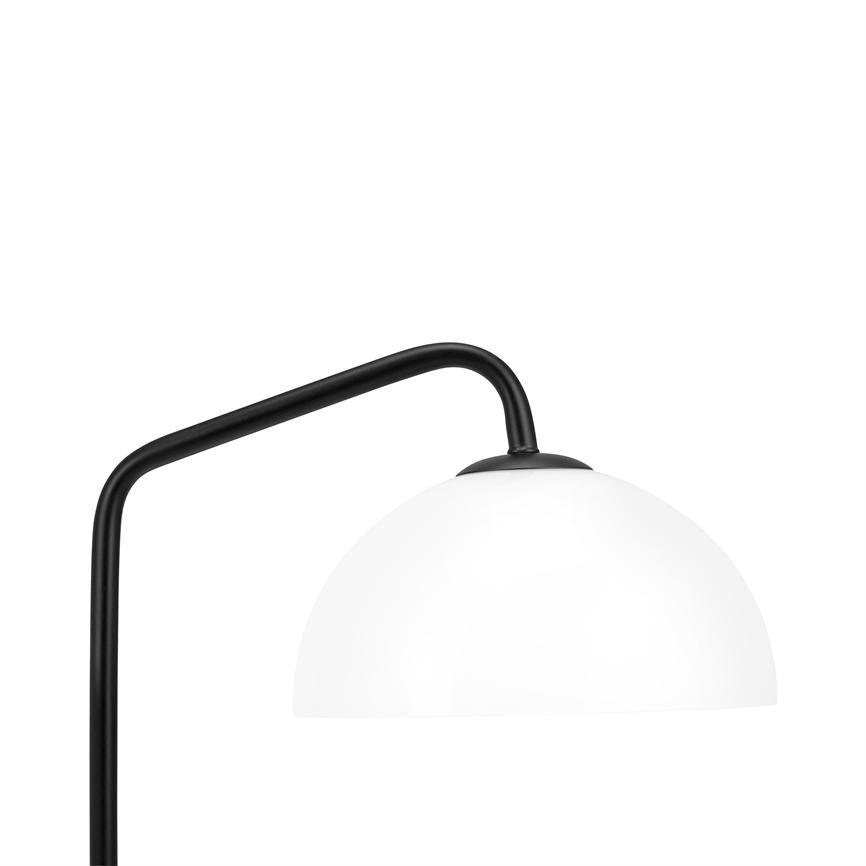 Black, curved lamp stand carries a white, hemispherical lampshade; arm bends over the screen against a neutral white background.