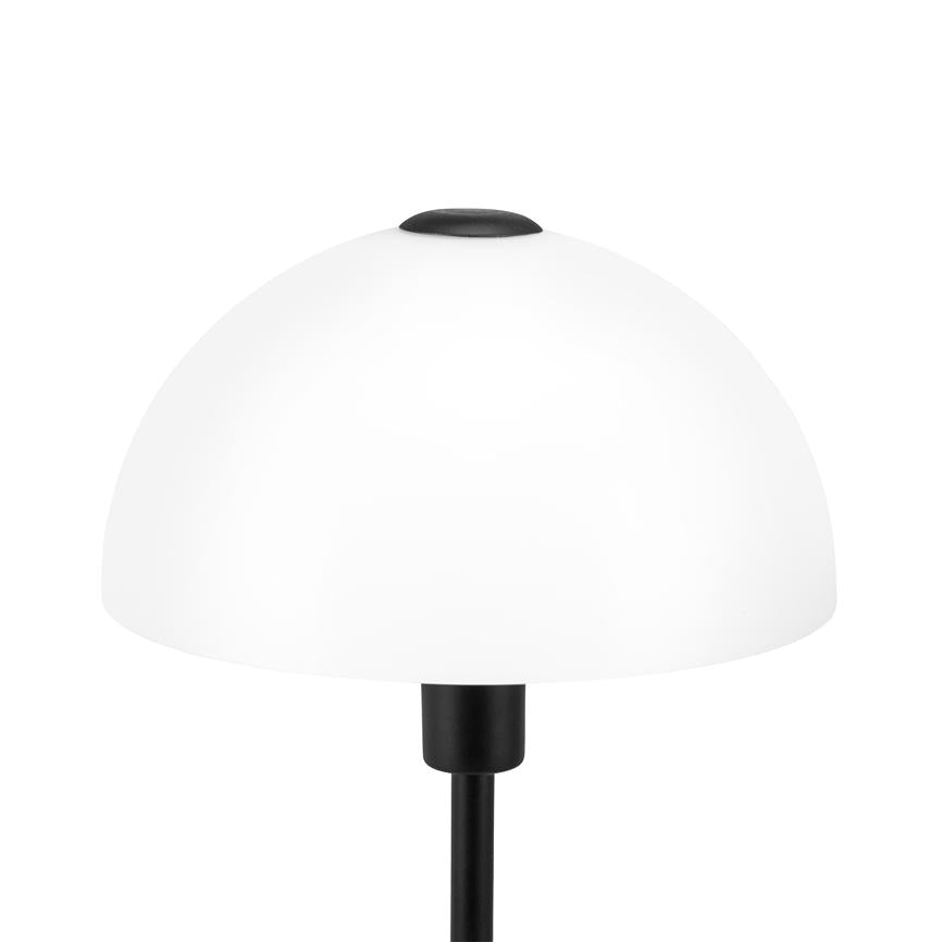 A table lamp with a white, hemispherical shade and black top knob stands on a black pole in front of a clean, white background.