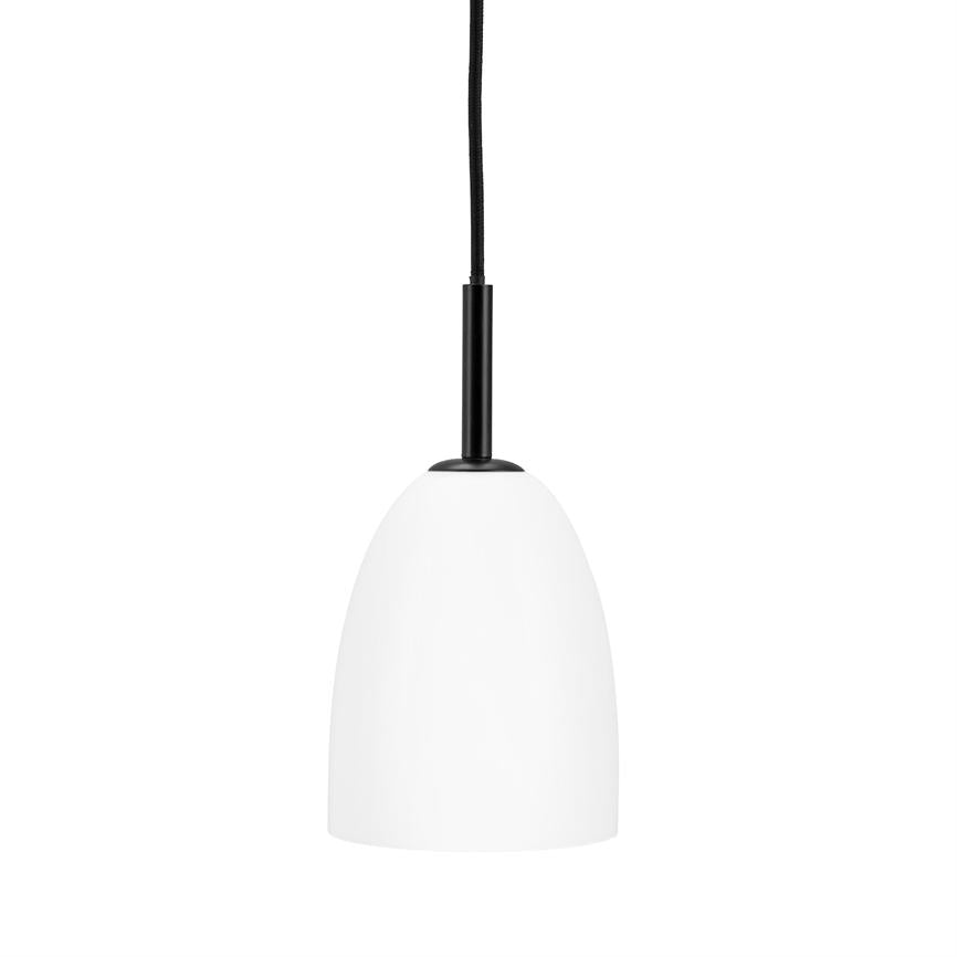 White dome-shaped pendant hangs from a black fabric cord, with a black metal socket at the top; simple, modern design against a uniform white background.