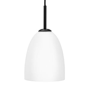 Pendant lamp with white, bell-shaped opal glass shade hangs in black cord and metal suspension, against a pure white background.