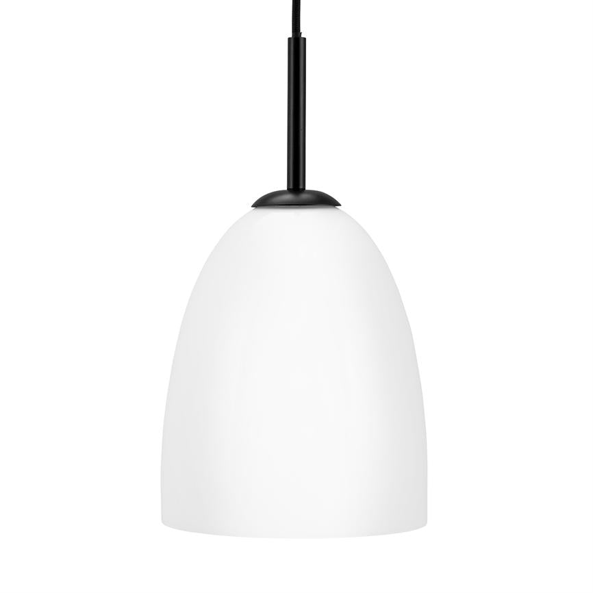 Pendant lamp with white, bell-shaped opal glass shade hangs in black cord and metal suspension, against a pure white background.