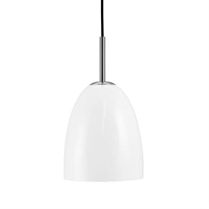 White dome-shaped pendant lamp hangs from a black cord; brushed metal mount at top, simple white background.