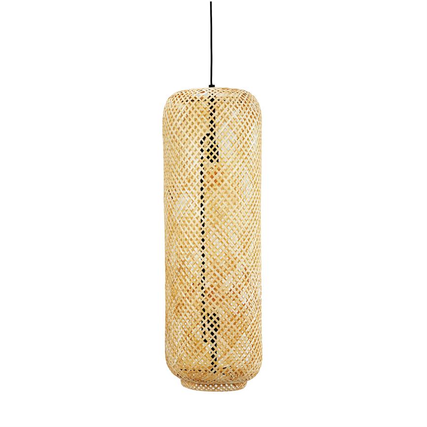 A cylindrical, braided bamboo pendant hangs from a black cord; the lampshade in bright natural colors casts a fine criss-cross pattern against a simple, white background.
