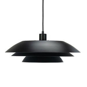 Black pendant lamp hangs from a thin cord; the screen consists of three flat, circular layers, minimalistic design against a white background.