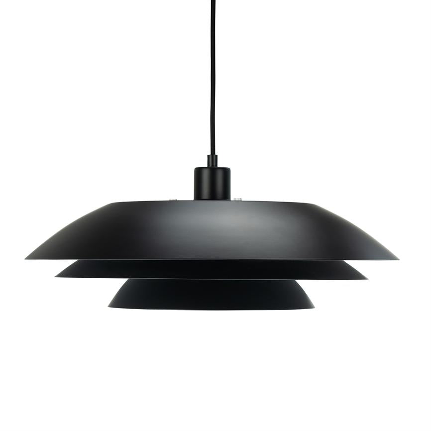 Black pendant lamp hangs from a thin cord; the screen consists of three flat, circular layers, minimalistic design against a white background.