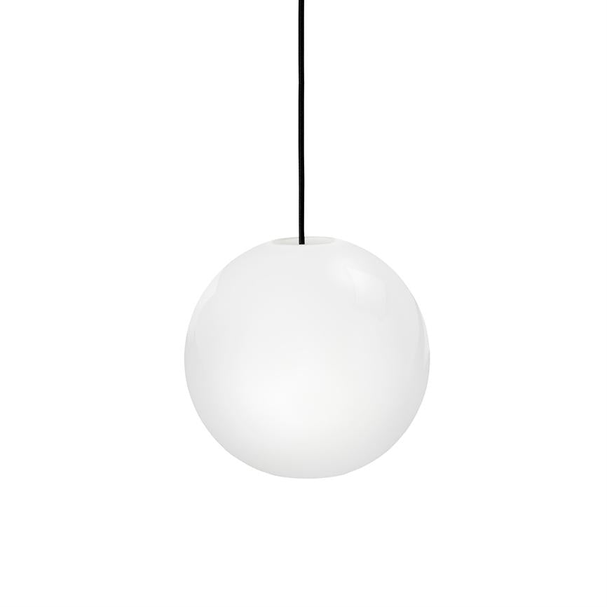 A white, smooth spherical pendant lamp hangs from a thin black cable against a uniform white background.