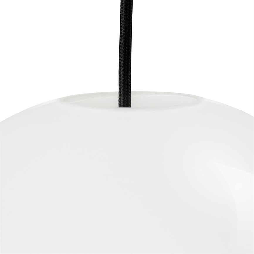 A white globe lamp hangs from a black braided cord, the cord is fed into the top opening of the lamp; the surroundings are uniformly white and minimalistic.