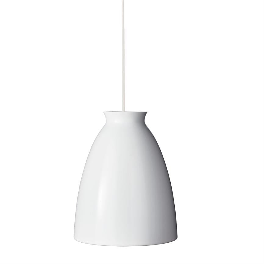 A glossy white pendant hanging by a thin wire; it has a curved, slightly conical shade with a narrow neck; simple, uniform white background as product photo.