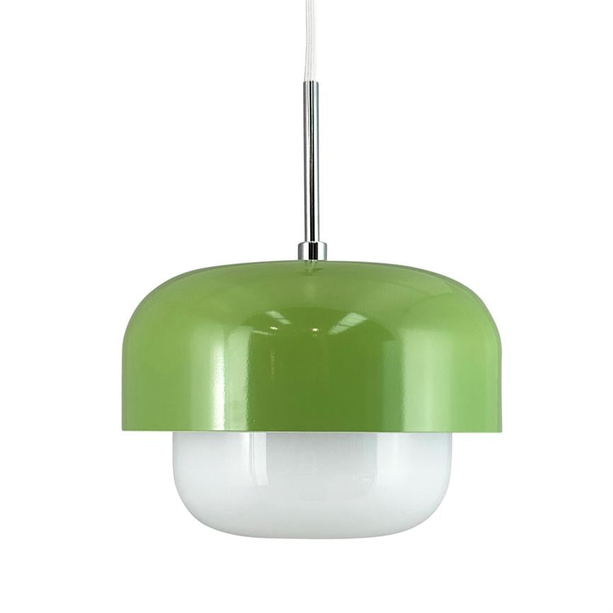 Green bowl-shaped pendant hangs from a chrome rod and white textile cord, enclosing a round white opal diffuser; isolated against uniform white background.