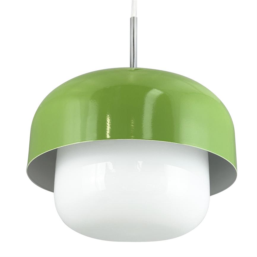 Green pendant lamp hangs from a thin silver rod; shiny metal dome encloses a white, rounded glass diffuser, presented against a neutral white background.