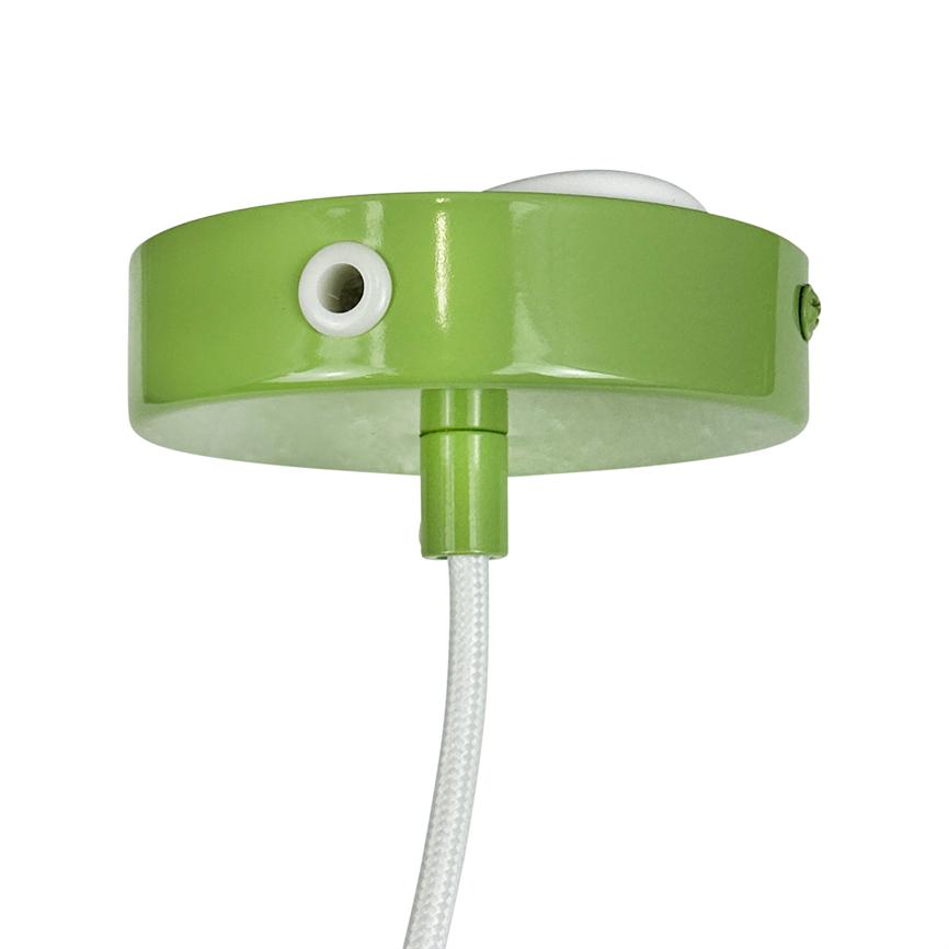 Green lamp socket hangs; a white braided cable is routed down through a central cylindrical bracket. The socket has a white rubber ring and a screw on the edge, against a pure white background.