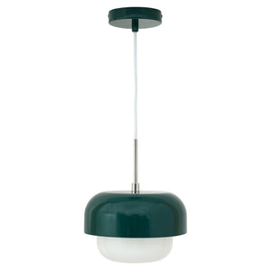 A dark green metal pendant hangs from a white fabric cord, encases a white opal glass dome and is displayed against a neutral white background.