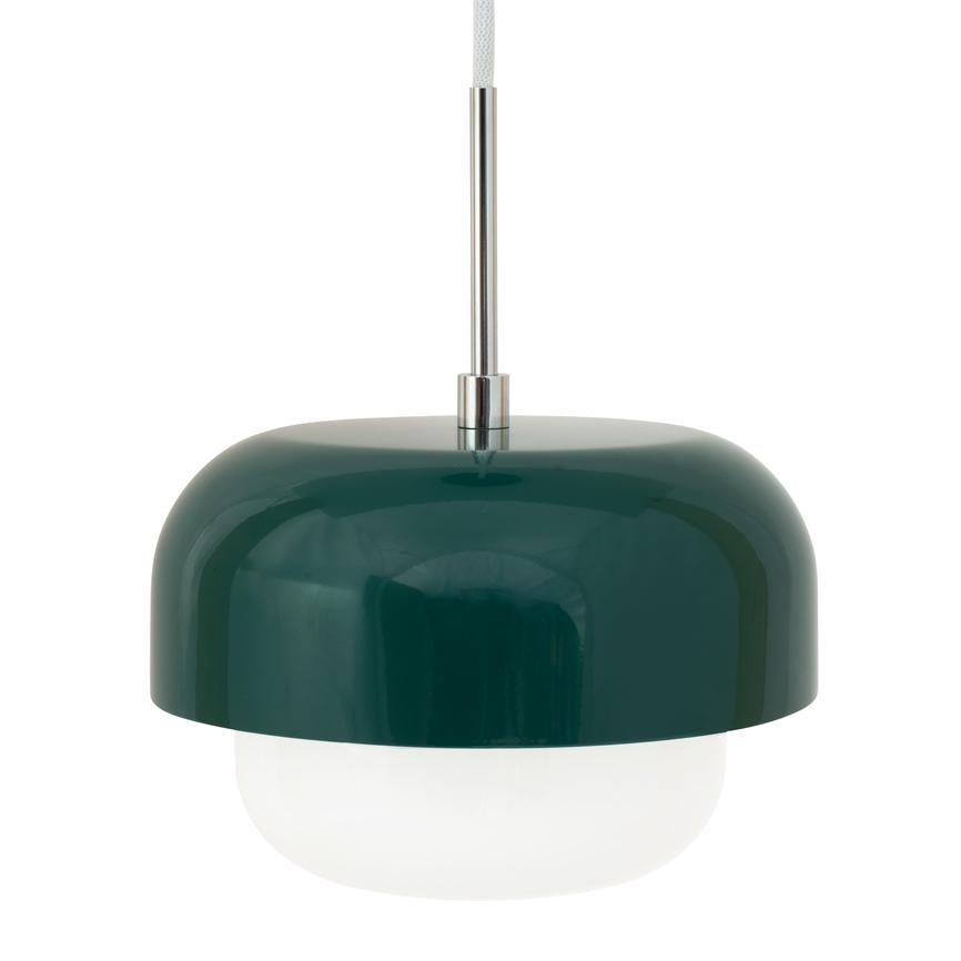 A glossy, dark green pendant light hangs from a chrome rod with a white cord; a round dome sits above a white opal glass shade, isolated on white background.