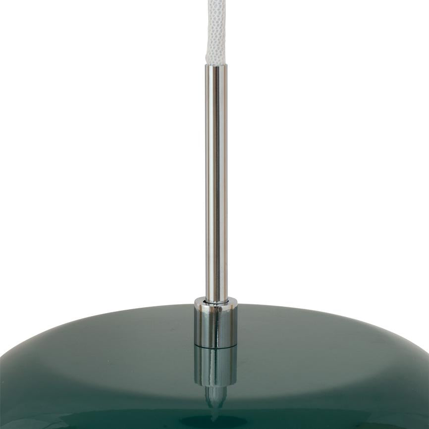 Green, glossy pendant hangs from a white fabric cord; a chrome bar connects the cord to the lampshade's flat, round top against a neutral white background.
