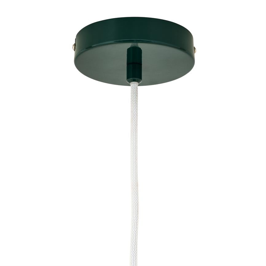 A dark green round ceiling box with a white braided cord hanging vertically from the center, photographed against a solid white background.