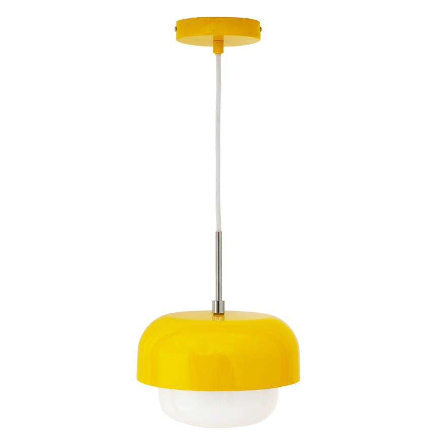 Yellow pendant lamp hangs from a white cord and metal rod above a round white diffuser, mounted to the ceiling with a yellow canopy; simple, modern design against white background.