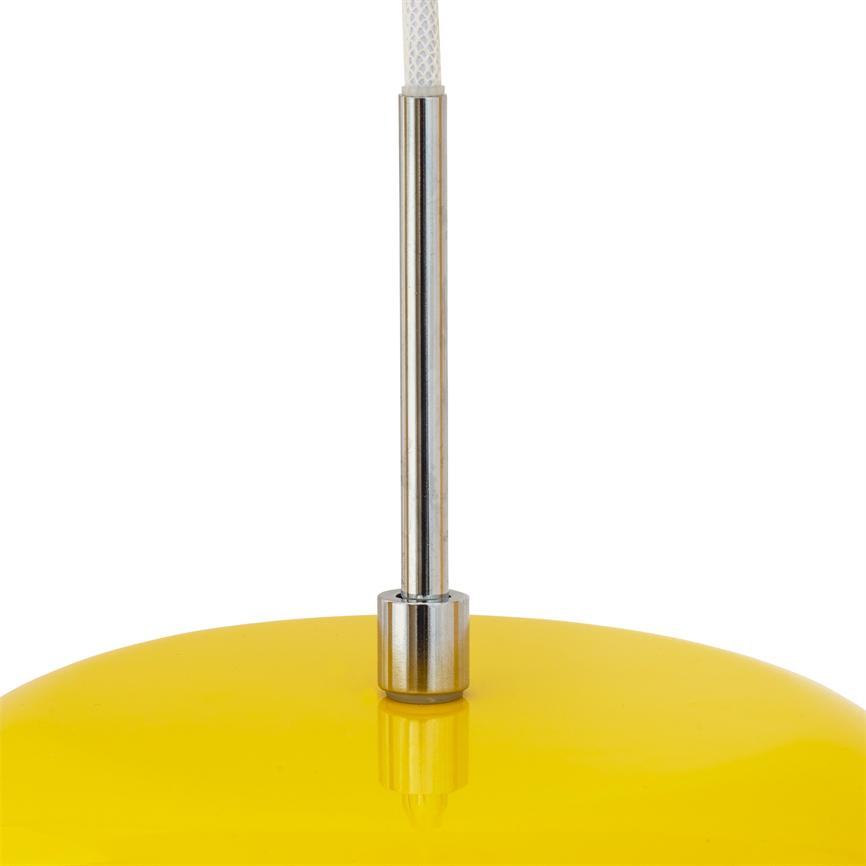 Yellow, round lampshade supports a vertical, polished chrome rod with visible white braided wire; the screen mirrors the bar against a clean, white background.